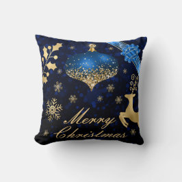 ブルー&金ゴールドグリッタークリスマスバウブルとリボン クッション