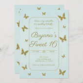 ブルー&金ゴールドグリッターバタフライスウィート16パーティー 招待状 (正面/裏面)