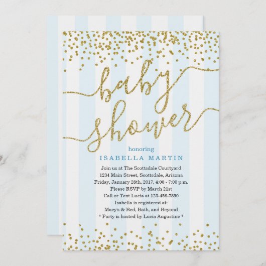 ブルー&金ゴールドグリッターベビーシャワー招待状for Boy 招待状 (正面/裏面)