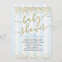 ブルー&金ゴールドグリッターベビーシャワー招待状for Boy