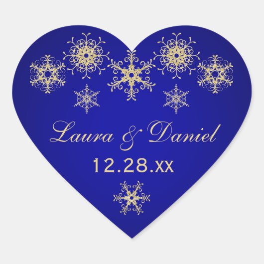 ブルー,金ゴールドグリッタールックスノーフレーク結婚のステッカー ハートシール (正面)