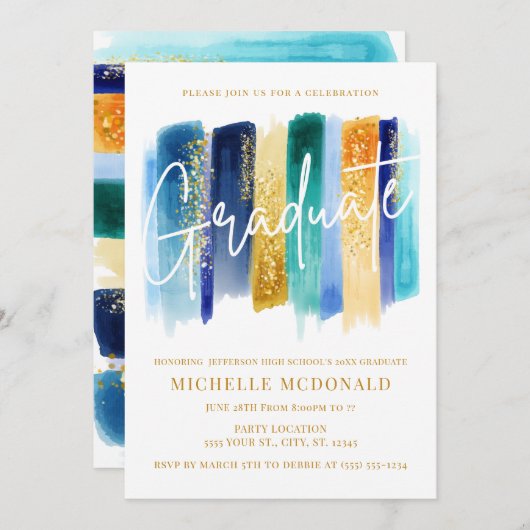 ブルー&金ゴールドグリッター卒業パーティー 招待状 (正面/裏面)