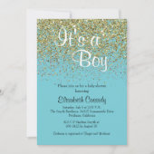 ブルー&金ゴールドグリッター散水ベビーシャワー招待状 招待状 (正面)