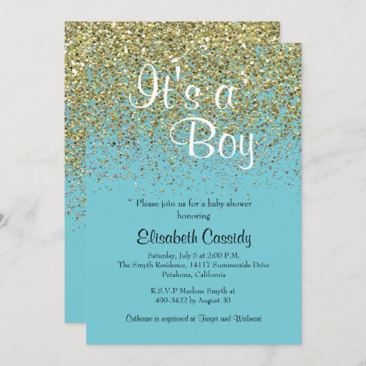 ブルー&金ゴールドグリッター散水ベビーシャワー招待状 招待状 (正面/裏面)