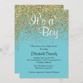 ブルー&金ゴールドグリッター散水ベビーシャワー招待状 招待状
