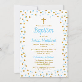 ブルー&金ゴールドグリッター紙吹雪バプテスマ招待状 招待状