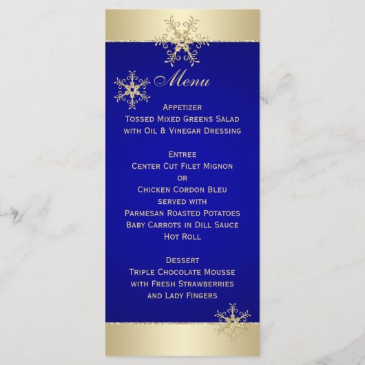 ブルー,金ゴールドグリッター結婚スノーフレークのメニューカード メニュー (裏面)
