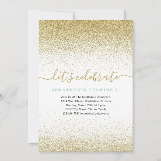 ブルー&金ゴールドグリッター1st誕生日招待状FIRST 招待状 (正面)