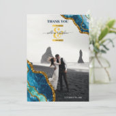 ブルー&金ゴールドゲートグリッター結婚の写真 サンキューカード (スタンド正面)