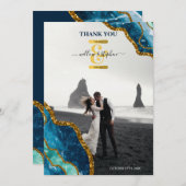 ブルー&金ゴールドゲートグリッター結婚の写真 サンキューカード (正面/裏面)