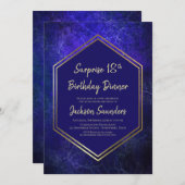 ブルー&金ゴールドサプライズ18th誕生日ディナー 招待状 (正面/裏面)