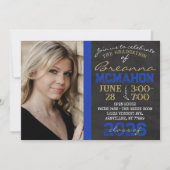 ブルー&金ゴールドシャルボード卒業写真 招待状 (正面)