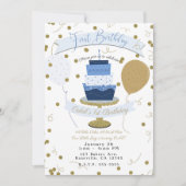 ブルー&金ゴールドシュガーはスウィート1st第1お誕生日ケーキ 招待状 (正面)
