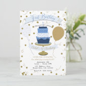 ブルー&金ゴールドシュガーはスウィート1st第1お誕生日ケーキ 招待状 (スタンド正面)