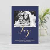 ブルー&金ゴールドジョイホリデーニューイヤーズ写真招待状 招待状 (スタンド正面)