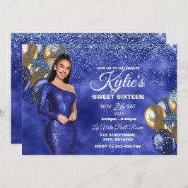 ブルー&金ゴールドスウィート16ガール誕生日招待状 招待状