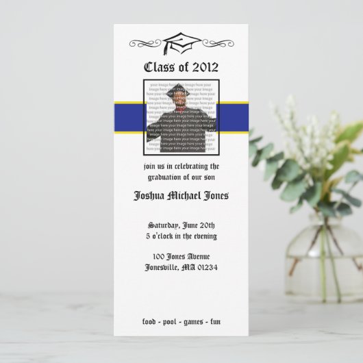 ブルー&金ゴールドスクールの卒業の招待状 招待状 (スタンド正面)