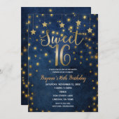 ブルー&金ゴールドスターズシアルスカイスウィート16パーティー 招待状 (正面/裏面)