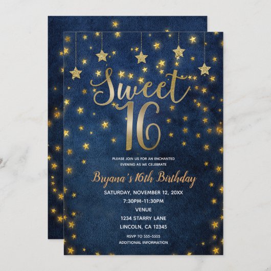 ブルー&金ゴールドスターズシアルスカイスウィート16パーティー 招待状 (正面/裏面)