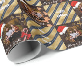 ブルー&金ゴールドストライプサンタ帽子カスタム写真 ラッピングペーパー (ロールコーナー)