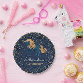 ブルー&金ゴールドスパークル紙吹雪ユニコーン第1誕生日 ペーパープレート (パーティー)