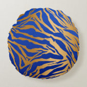 ブルー&金ゴールドタイガープリントラウンド装飾用クッション ラウンドクッション (正面)
