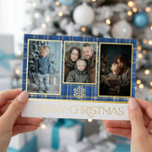 ブルー&金ゴールドタータンチェックプレイドメリークリスマスフォト 箔シーズンカード