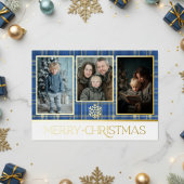 ブルー&金ゴールドタータンチェックプレイドメリークリスマスフォト 箔シーズンカード