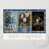 ブルー&金ゴールドタータンチェックプレイドメリークリスマスフォト 箔シーズンカード (正面)