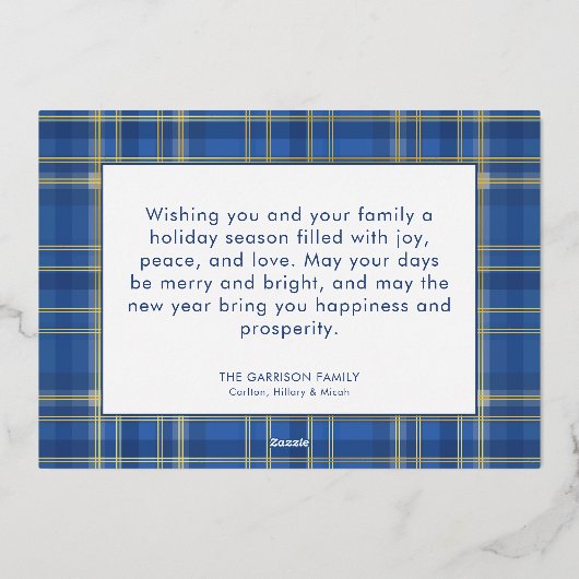 ブルー&金ゴールドタータンチェックプレイドメリークリスマスフォト 箔シーズンカード (裏面)