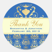 ブルー&金ゴールドダマスク付き/アイボリー結婚の感謝 ラウンドシール (正面)