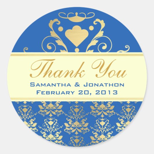 ブルー&金ゴールドダマスク付き/アイボリー結婚の感謝 ラウンドシール (正面)