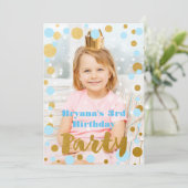 ブルー&金ゴールドドットバースデーパーティーフォト招待状 招待状 (スタンド正面)