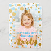 ブルー&金ゴールドドットバースデーパーティーフォト招待状 招待状 (正面/裏面)