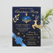 ブルー&金ゴールドバウブル&リボンクリスマスパーティー 招待状 (スタンド正面)