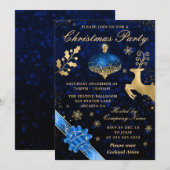 ブルー&金ゴールドバウブル&リボンクリスマスパーティー 招待状 (正面/裏面)