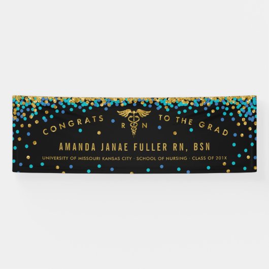 ブルー&金ゴールドバナーナース卒業パーティー 横断幕 (横)