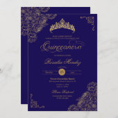 ブルー&金ゴールドバラエレガントクインセアニェラ 招待状 (正面/裏面)
