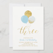 ブルー&金ゴールドバルーン3歳の誕生日パーティー 招待状 (正面)