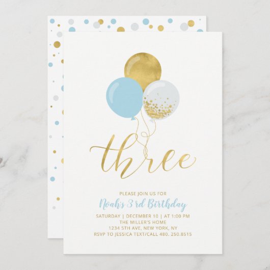 ブルー&金ゴールドバルーン3歳の誕生日パーティー 招待状 (正面/裏面)