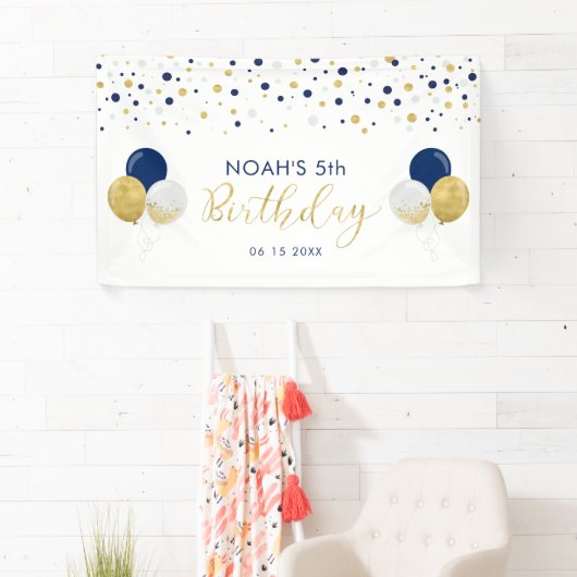 ブルー&金ゴールドバルーン5th子供の誕生日バナー 横断幕 (インサイチュ)