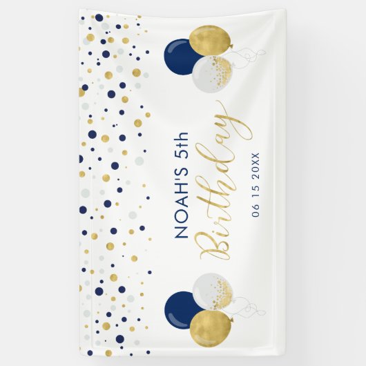 ブルー&金ゴールドバルーン5th子供の誕生日バナー 横断幕 (縦)