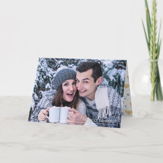 ブルー&金ゴールドパターンハッピーハヌッカフォトカード シーズンカード (正面)