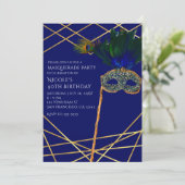 ブルー&金ゴールドピーコックマスカレードパーティの招待状 招待状 (スタンド正面)