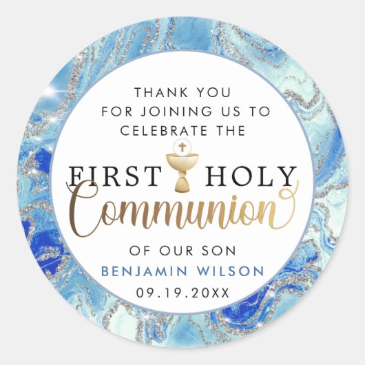 ブルー&金ゴールドファーストホーリーコミュニオンサンキュークラス ラウンドシール (正面)