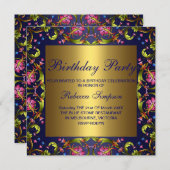 ブルー&金ゴールドフラワーガーデン誕生日招待状 招待状 (正面/裏面)