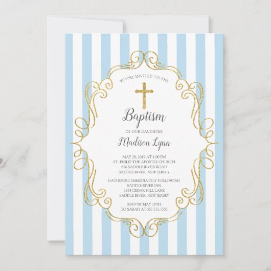 ブルー&金ゴールドフレームボーイズバプテスマ 招待状 (正面)