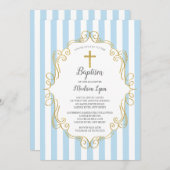 ブルー&金ゴールドフレームボーイズバプテスマ 招待状 (正面/裏面)