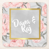 ブルー&金ゴールドフローラアガテマーブル結婚ズ スクエアペーパーコースター (正面)