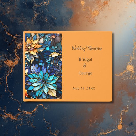 ブルー&金ゴールドフローラステンドグラスエレガントな結婚式 ゲストブック